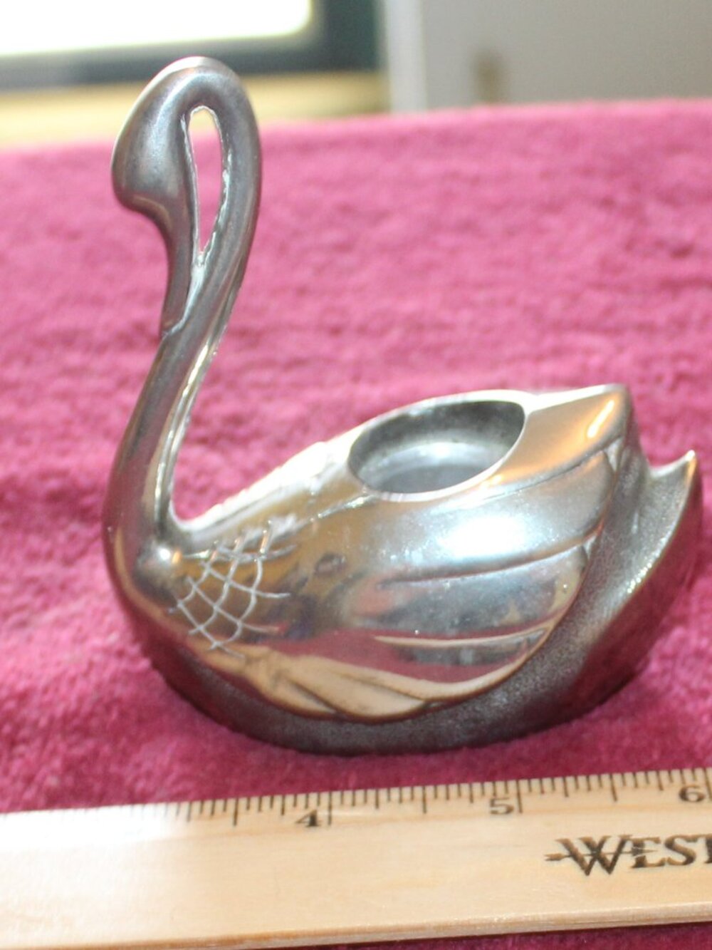 Vintage silver-plated figural swan taper candle holder, a detailed etch wing